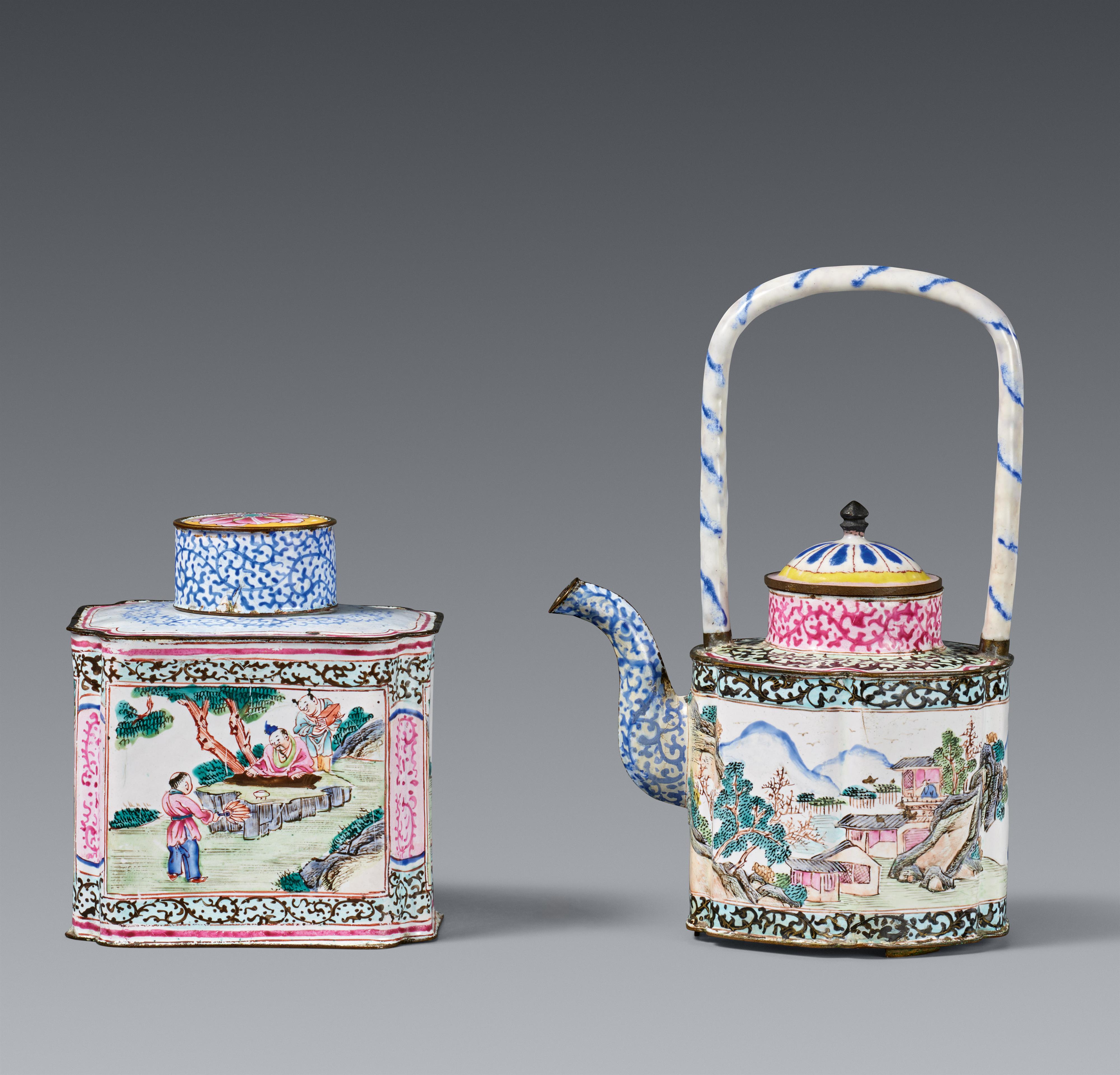 A Canton painted enamel on copper wine pot and tea caddy. 18th century - image-1