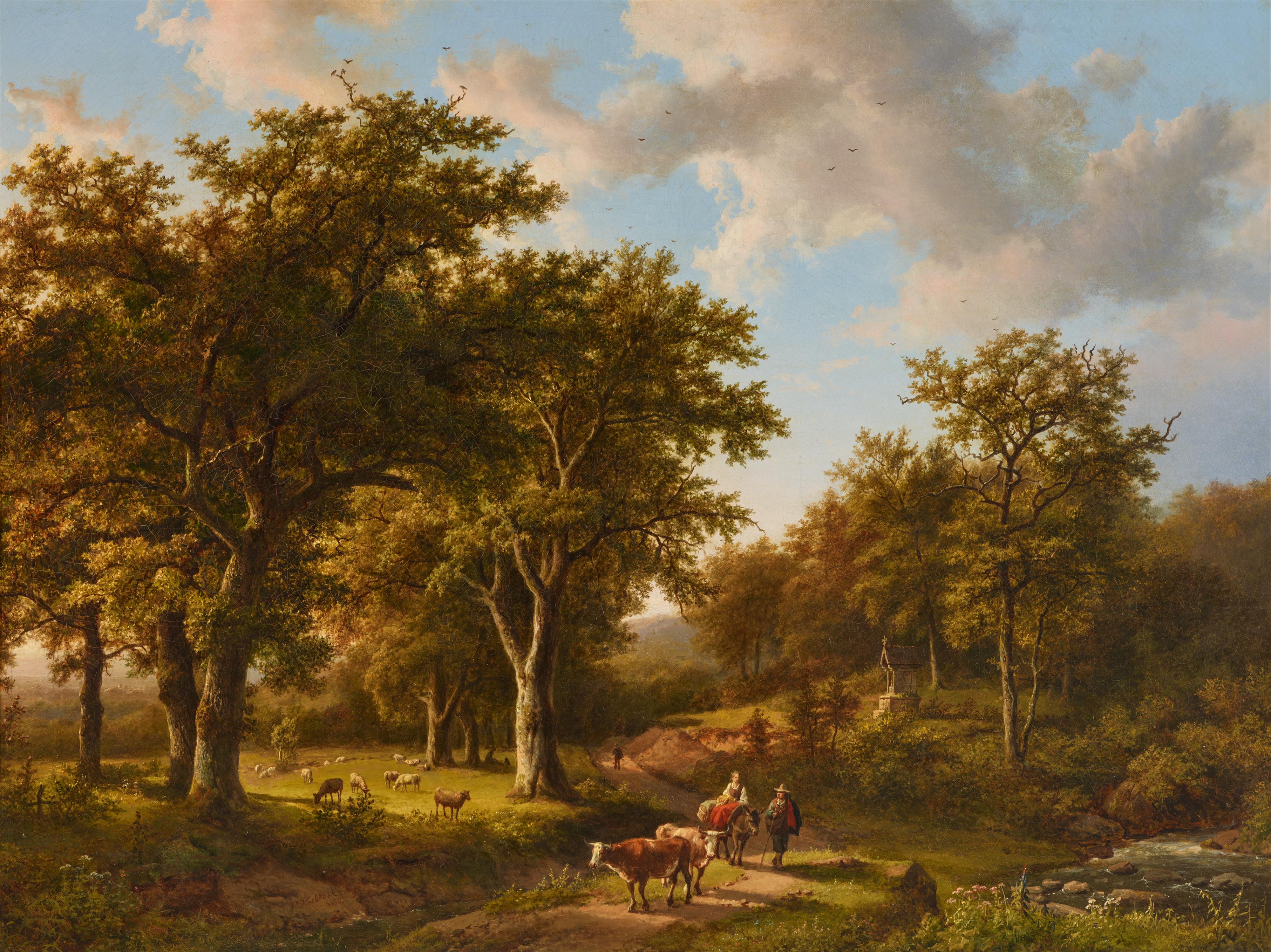 Barend Cornelis Koekkoek - Forest Landscape with Shepherds and Cattle - image-1