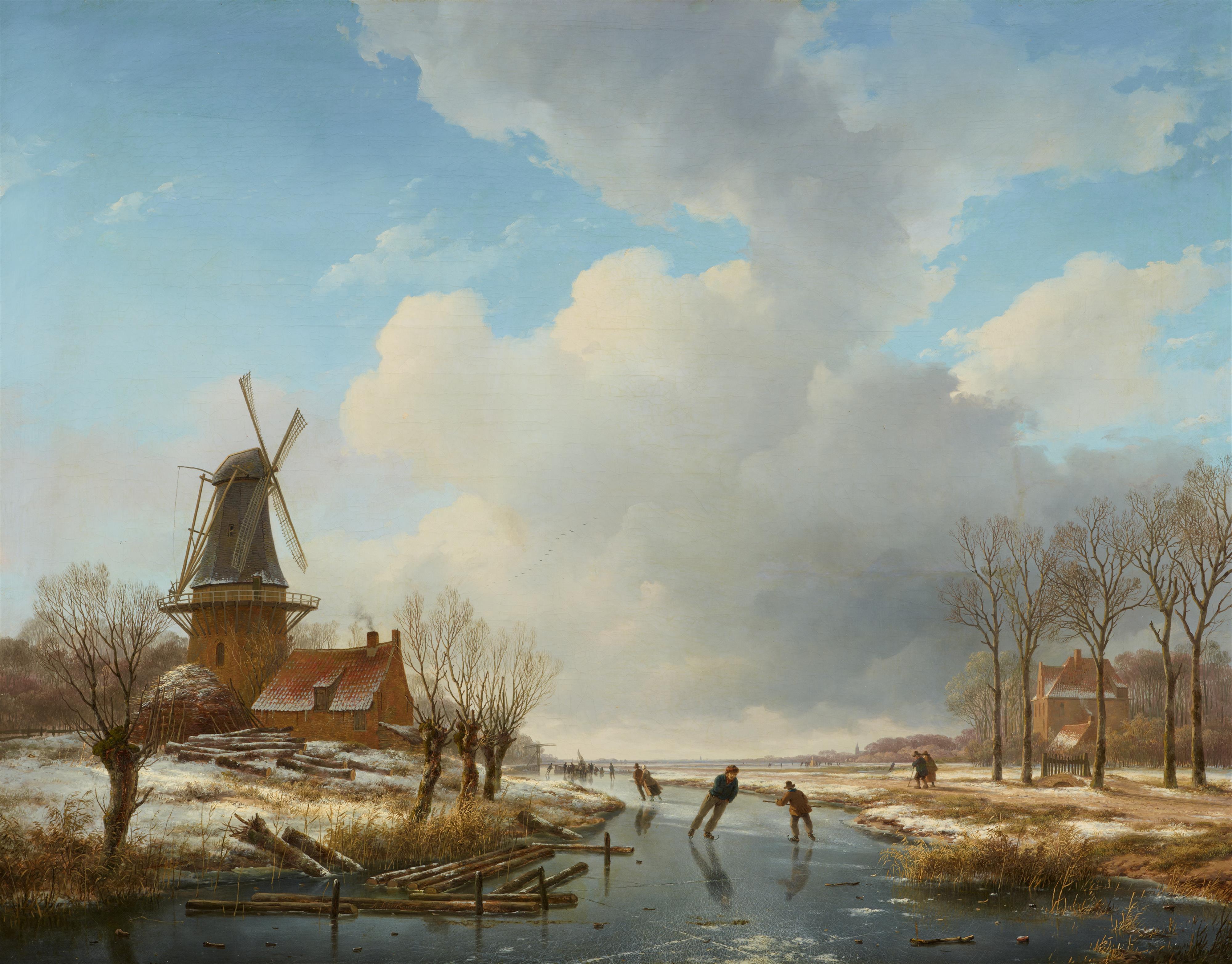 Andreas Schelfhout - Dutch Canal Boats in Winter - image-1