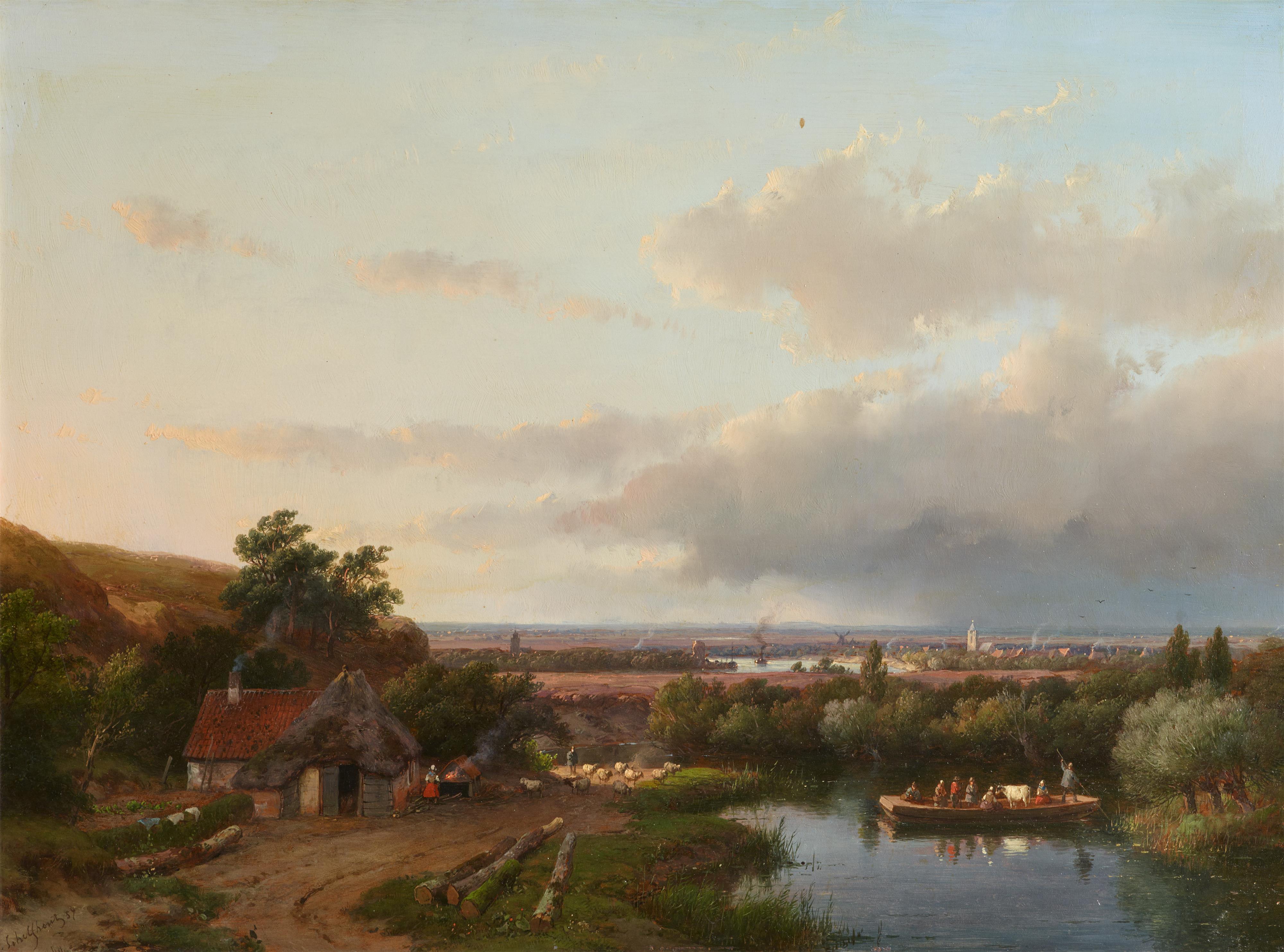 Andreas Schelfhout - Summer Landscape with a River Ferry - image-1