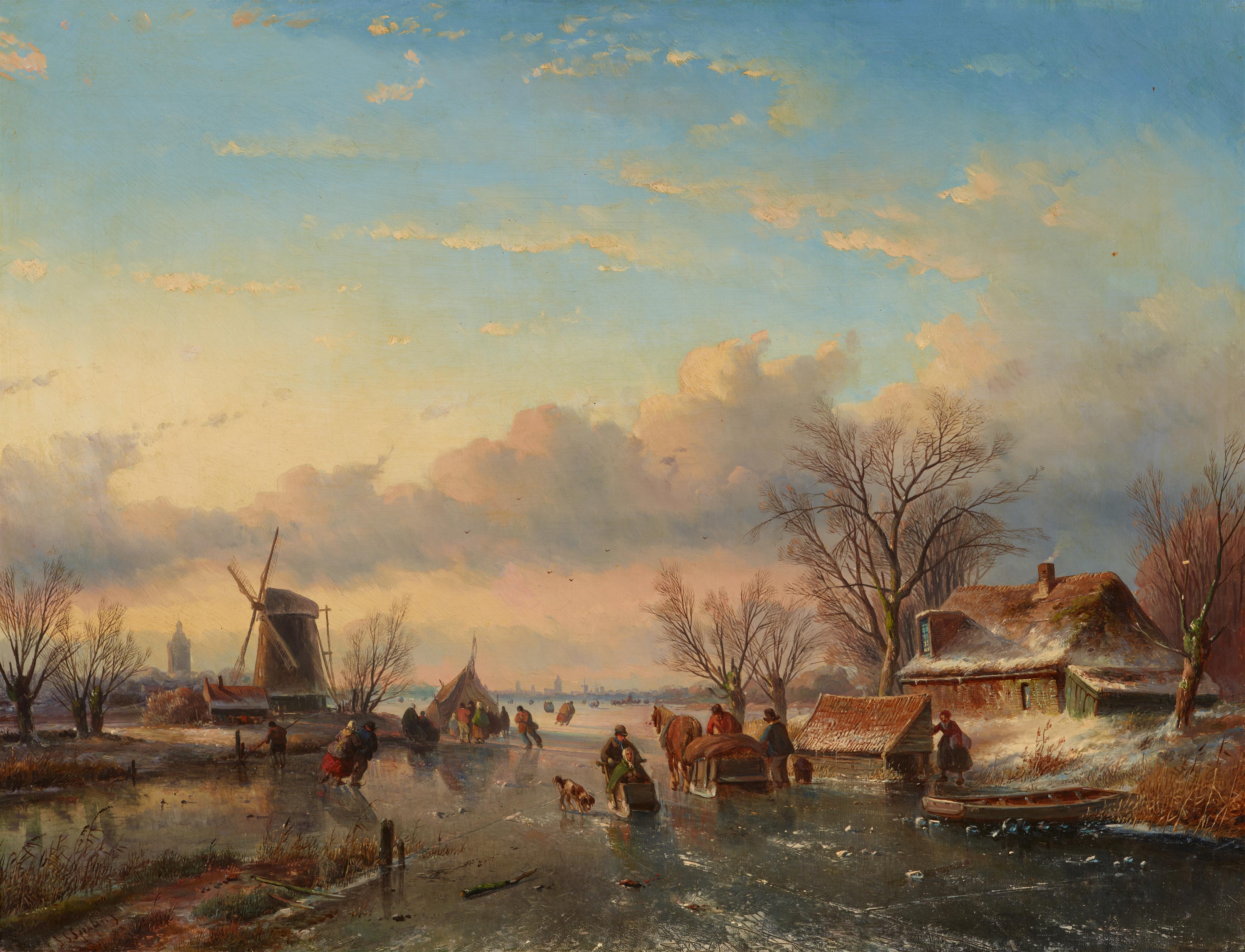 Jan Jacob Spohler - Winter Landscape with Frozen Canal, Ice Skaters and Horse-Drawn Sleigh - image-1