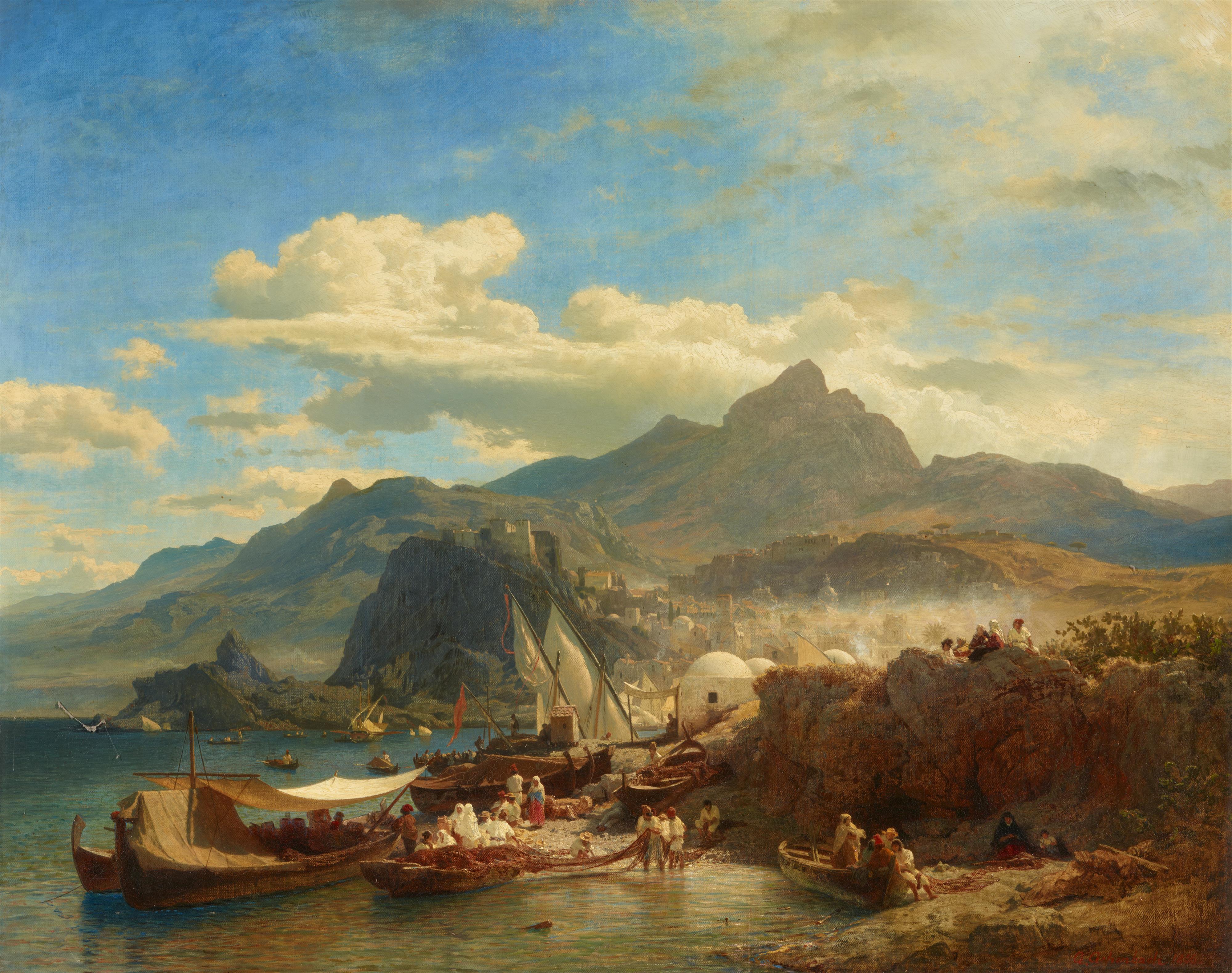 Andreas Achenbach - Busy Harbour on the Levant Coast - image-1