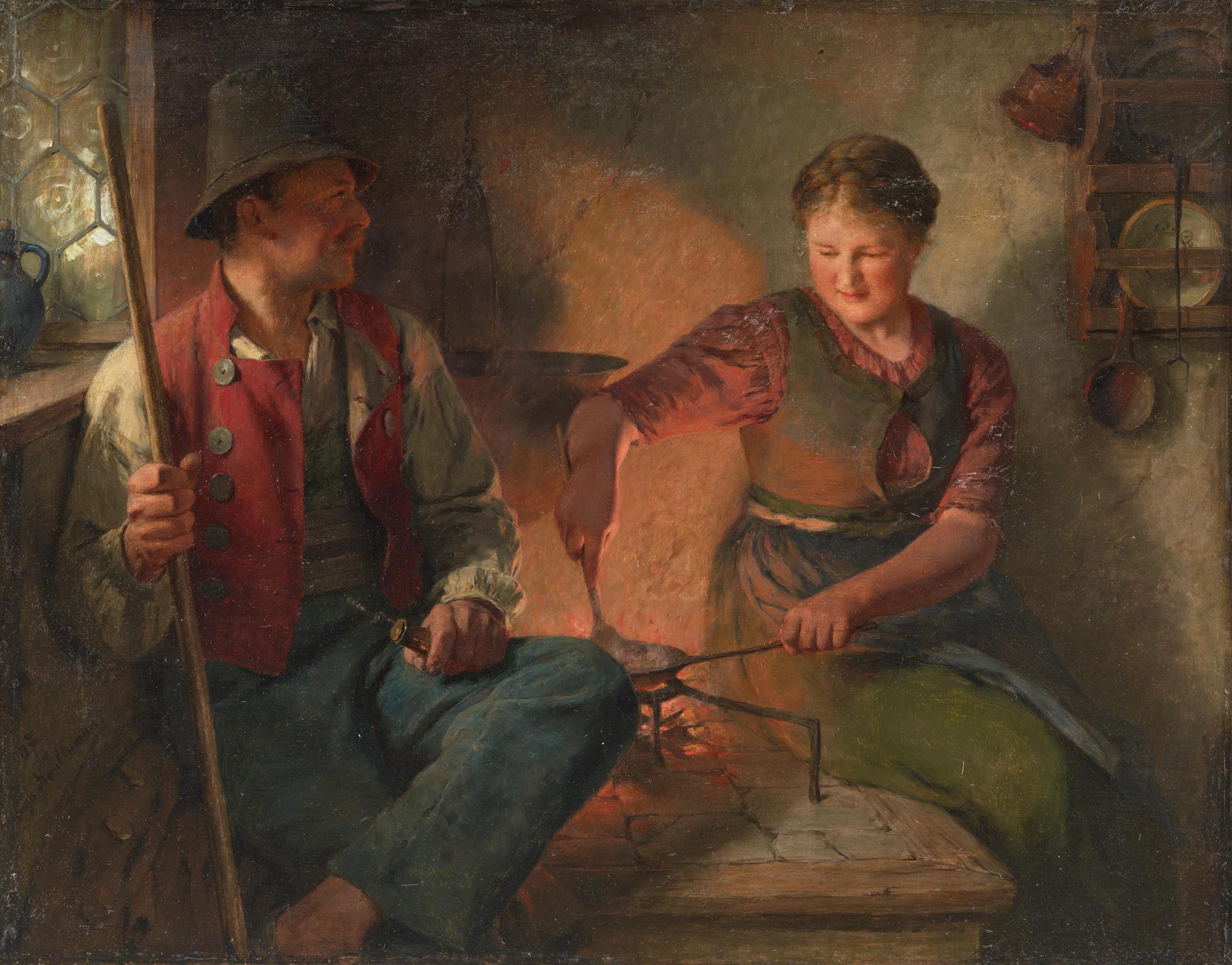 Hugo Kauffmann - Boy and a Girl by a Fire - image-1