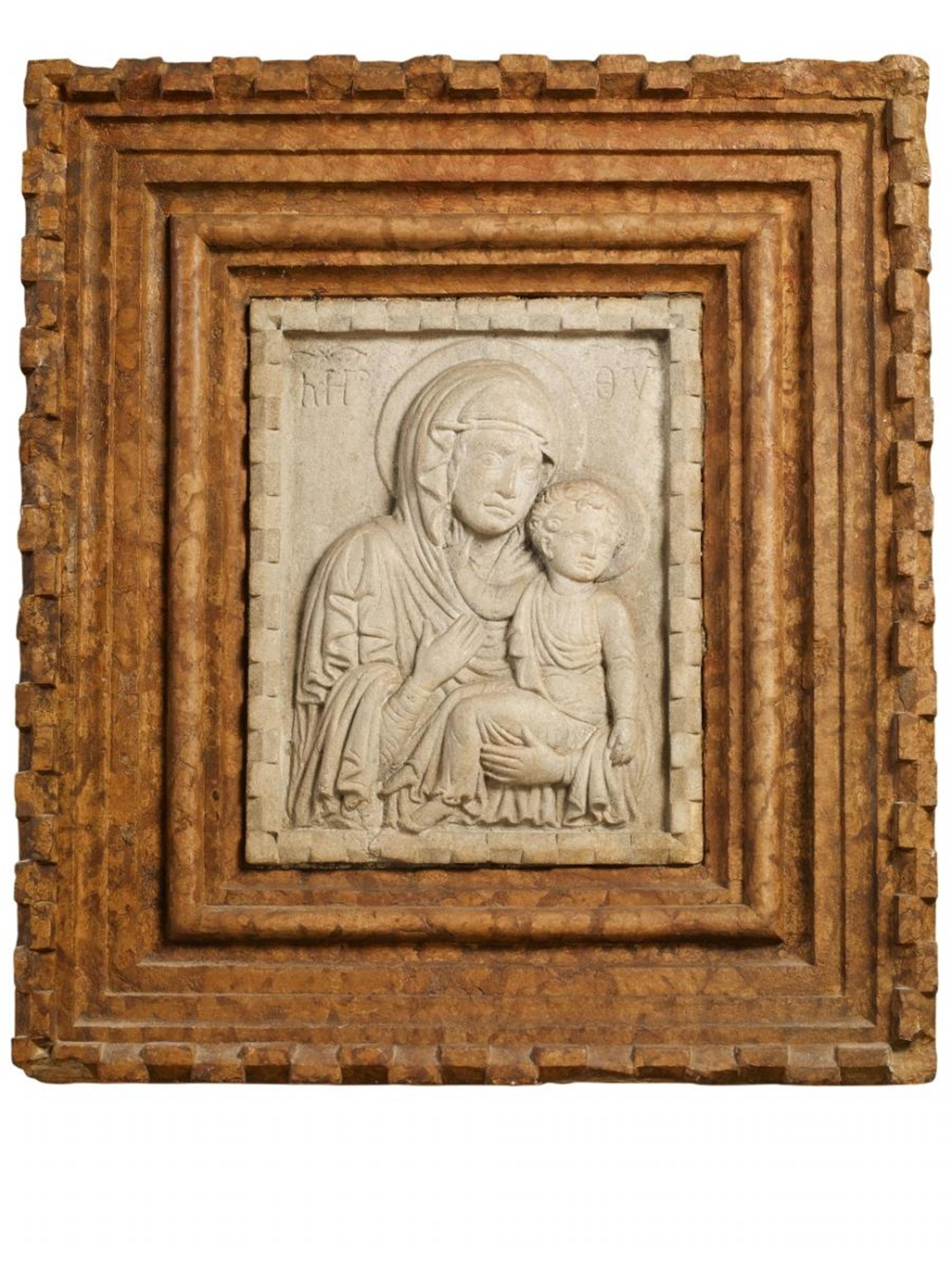 A marble high relief figure of THE VIRGIN WITH CHILD - image-1