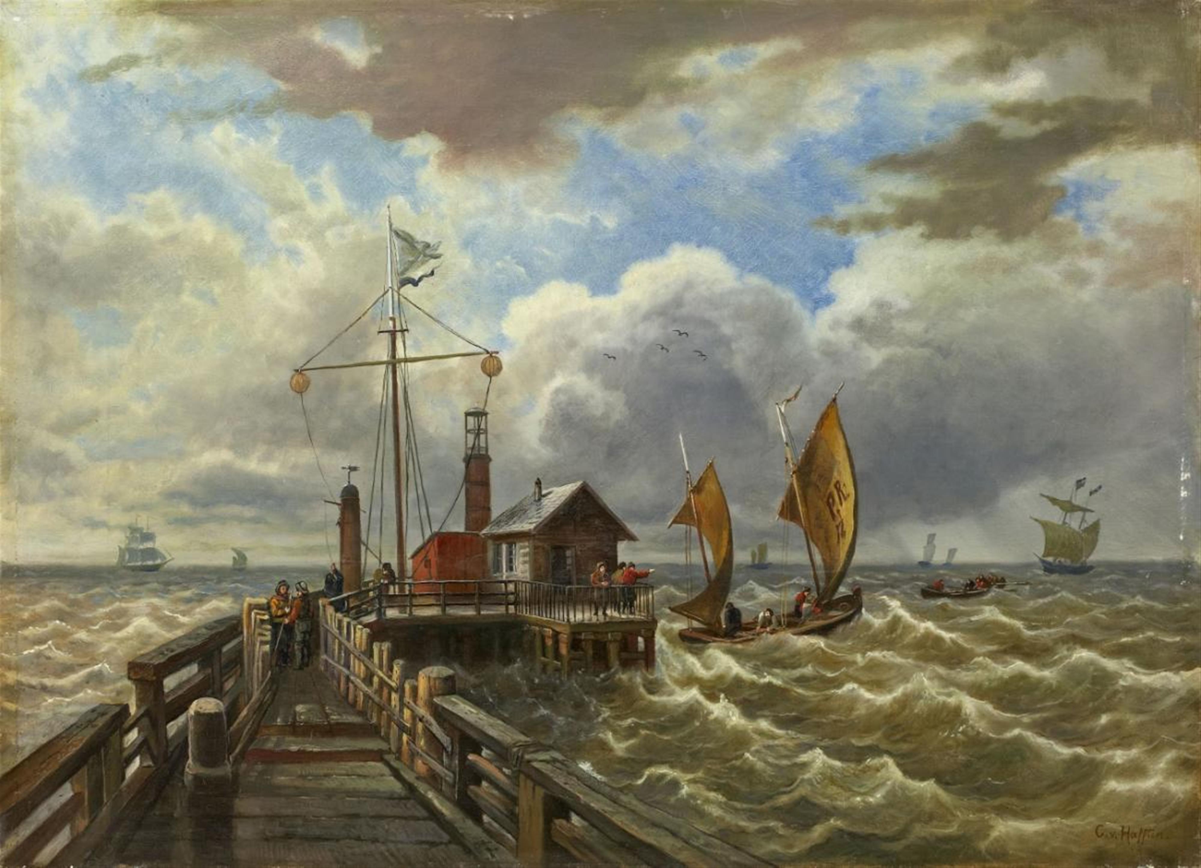 Carl von Hafften - MARINE WITH QUAY AND SHIPS IN A STORM - image-1