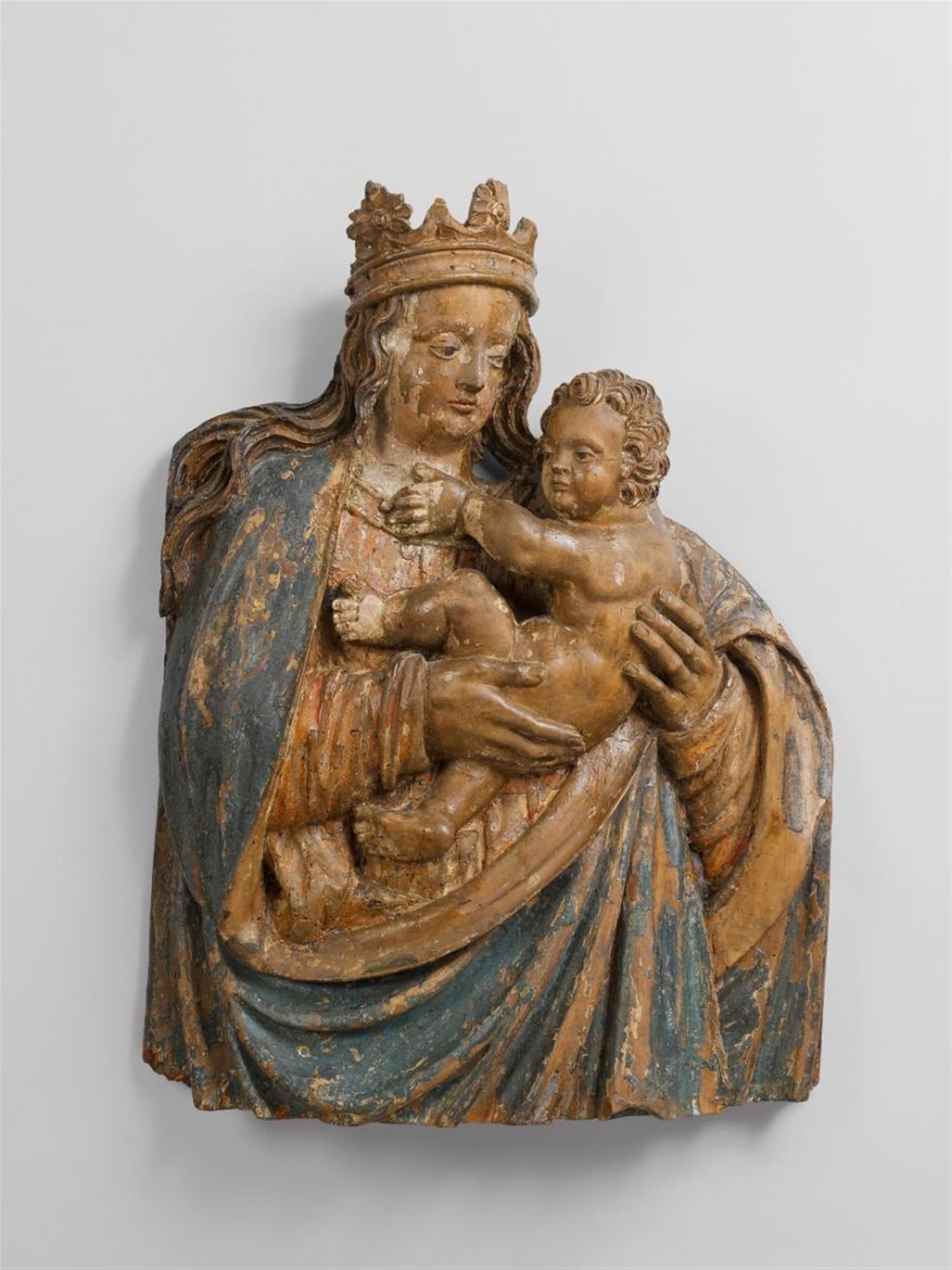 A HIGH-RELIEF WOOD FIGURE OF THE VIRGIN WITH CHILD - image-1