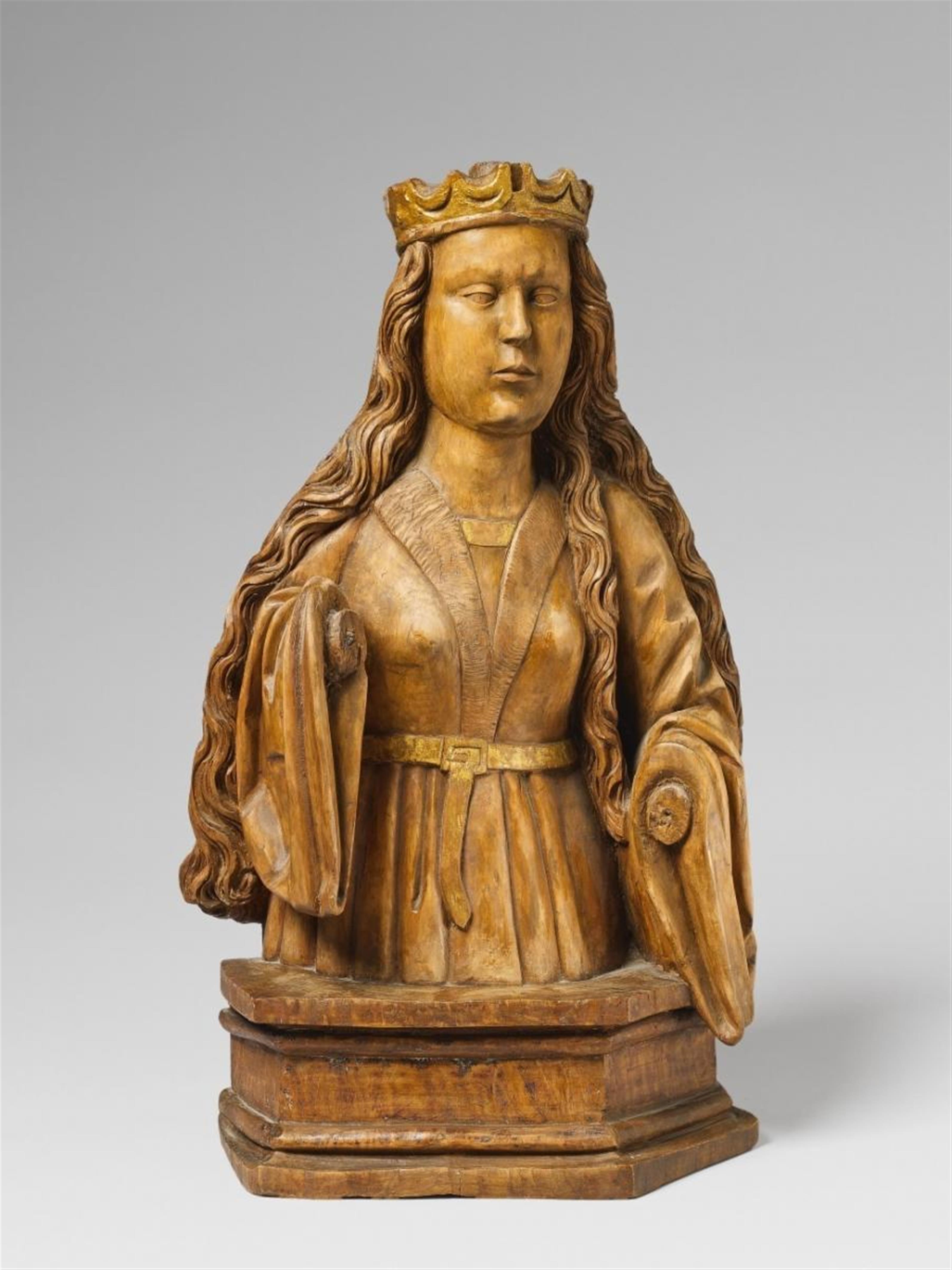 A WOOD BUST OF SAINT CATHERINE(?) - image-1