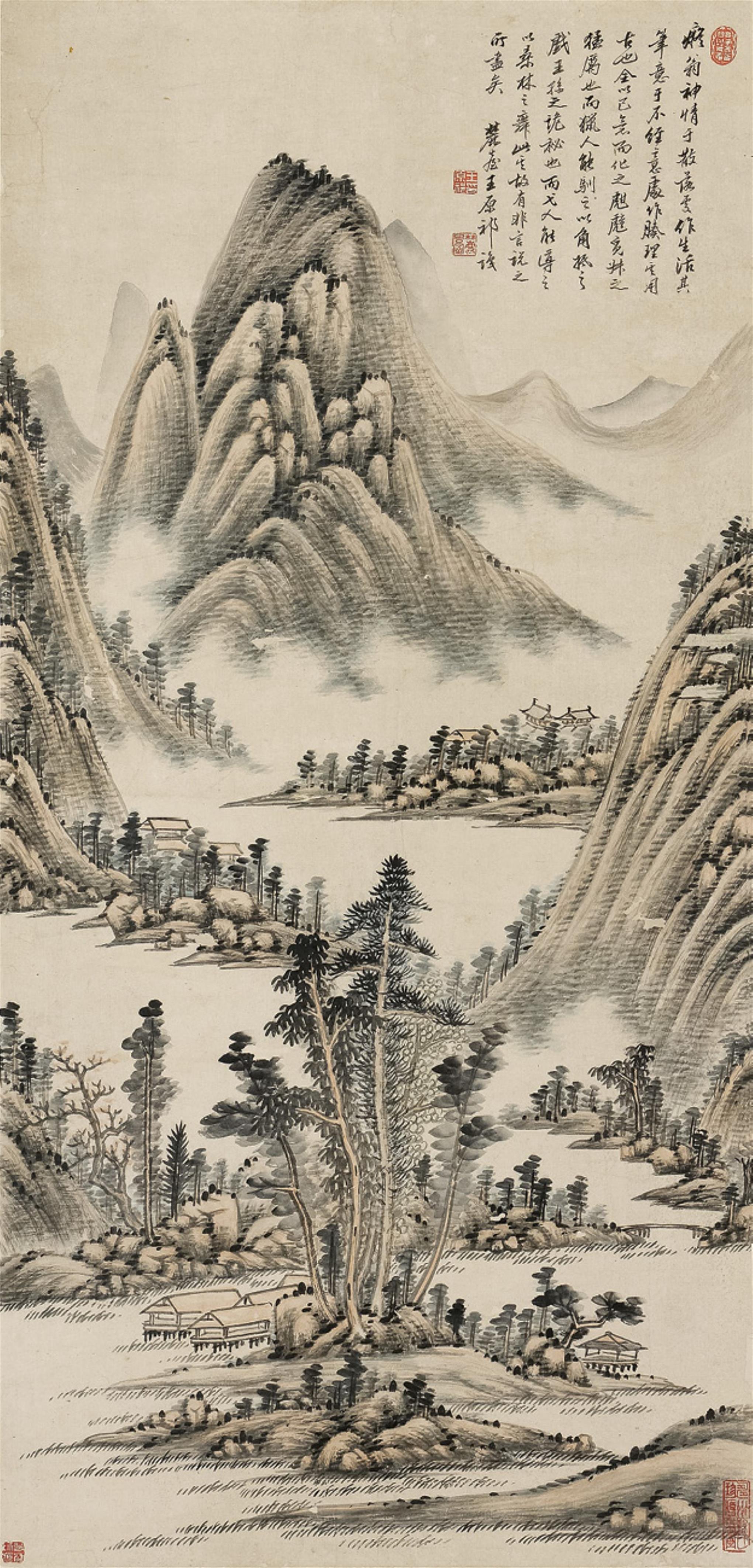 Landscape in the manner of Wang Yuanqi. Hanging scroll. Ink and light ...