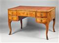 A French breakfront bureau plat with still life marquetry decor - image-1