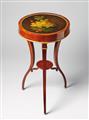 A mahogany veneered tripod table with turnable painted table top with gilt bronze mounts - image-1