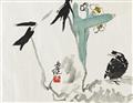 Zhang Yuejian - Mynah-Vogel, Narzissen und Felsen. Unmontiert. Tusche und Farben auf Papier. Sign.: Yuejian und Siegel: Zhang. - image-1