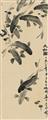 Liang Weibin - Neun Karpfen. Hängerolle. Tusche auf Papier. Aufschrift, betitelt: Jiuru tu, zyklisch datiert jiazi (1984), sign.: Weibin, Siegel: Liang Weibin und bashi niandai. - image-1