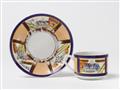 A porcelain cup and saucer with gilt and enamel tractor decor, inscribed "Cheers Kolkhoznik!" - image-2