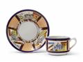 A porcelain cup and saucer with gilt and enamel tractor decor, inscribed "Cheers Kolkhoznik!" - image-1