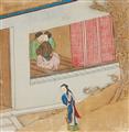 Yu Ling . 19th century - Two album leaves depicting erotic scenes. Ink and colour on silk. Signed Yu Ling. 19th century. (2) - image-1