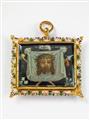 A Spanish gold, enamel and verre eglomisé religious pendant - image-1