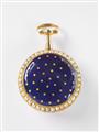 A Parisian 18k gold, enamel and pearl pendant watch with verge escapement and repetition. With a gold and enamel chatelaine. - image-2