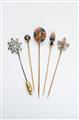 Five 19th century silver, 14 kt gold, enamel and gem-set tie pins - image-1
