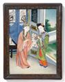 Anonymous painter . 19th century - Three reverse glass paintings depicting young lovers, a lady playing the guqin, and a scene from the "Gengzhitu" (Pictures of Tilling and Weaving). 19th century. All three frame... - image-1