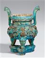 A large turquoise and aubergine-glazed tripod incense burner. Ming dynasty (1368-1644) - image-1