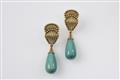 A pair of 18k gold and turquoise pendant earrings - image-1
