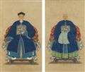 Anonymous painter . 19th century - Two ancestor portraits of a civilian official and his wife, both wearing court robes with fifth-rank civil official's insignia badges displaying a silver pheasant. (2) - image-1