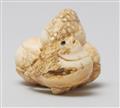 A rare and interesting ivory netsuke of two blowfish and two eggplants. Mid-19th century - image-3