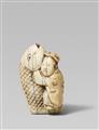 An ivory netsuke of Ushiwakamaru fighting with a giant carp. Mid-19th century - image-1