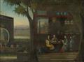 Anonymous painter . 19th century - An interieur with two Chinese ladies and a gentleman eating at a table and a female servant standing next them. Oil on canvas. Framed. - image-2