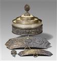 A Tibetan silver offering mandala, two silver-appliques and a silver-pendant - image-2