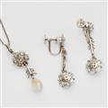 An 18k white gold, diamond and Oriental pearl pendant and earrings - image-2