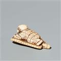 An Osaka school ivory netsuke of a karako on a fan, by Hidemasa. Mid-19th century - image-3