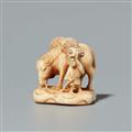 An ivory okimono netsuke of a farmer and a horse. Mid-19th century - image-1