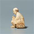 An ivory netsuke of a farmer seated on a bundle, by Ikkosai. Second half 19th century - image-4