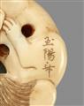 A Tokyo school ivory netsuke of a puppy on a fan, by Gyokuyôsai. Mid-19th century - image-2