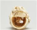 A marine ivory netsuke of a crouching skeletton. Early 20th century - image-5