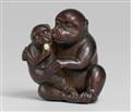 A reddish cherry wood netsuke of two monkeys, by Hidechika. Mid-19th century - image-1