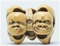 An ivory netsuke of a group of masks. Mid-19th century - image-2