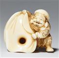 A walrus tusk netsuke of Daikoku with a bag. 19th century - image-1