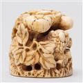 An ivory netsuke of shishi under peonies. Mid-19th century - image-4