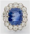 A platinum diamond and natural Ceylon sapphire cluster ring - image-2