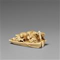 An ivory netsuke of three shojo in a boat. Late 19th century - image-1