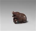 A wood netsuke of a boar. 20th century - image-1