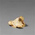 An ivory netsuke of a tanuki and a sedge hat. Second half 19th century - image-1