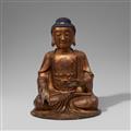 Große Figur des Bhaishajyaguru, der Buddha der Medizin. Bronze mit Lackfassung. 17./18. Jh. - image-1