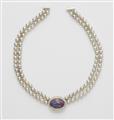 A natural grey cultured pearl necklace with an 18k gold opal and diamond clasp. - image-1