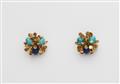 A pair of 18k gold granulation and turquoise and lapis lazuli composite clip earrings. - image-1