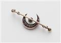A late Victorian 14k gold, diamond, pearl and ruby bar brooch. - image-2