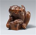 A boxwood okimono of a shouting monkey parodying a luckless rat catcher. Mid-19th century - image-1