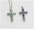 Two 18k gold diamond and emerald / sapphire cross pendants with chain. - image-2